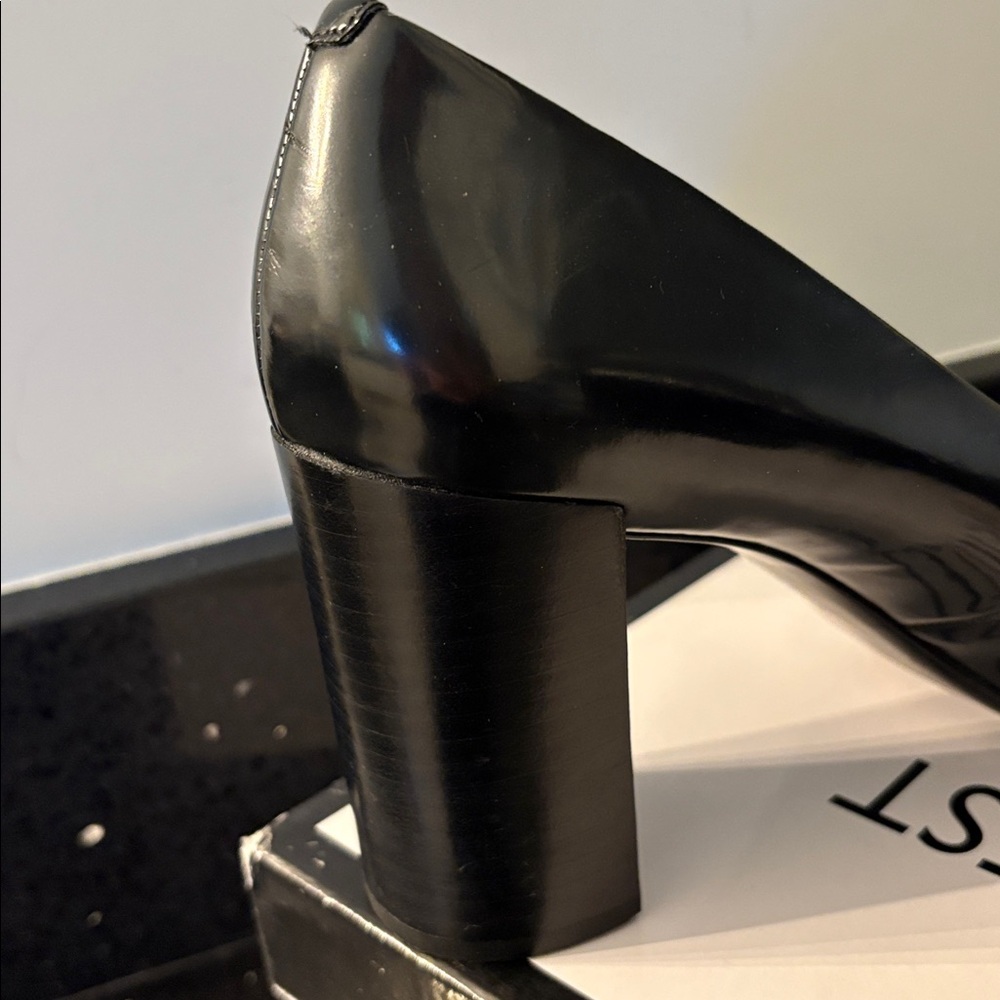 *Nine West NEWRULEO BLACK SY Black Patent Almond Toe Chunky Heel Pump - Picture 12 of 17
